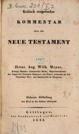 Kritisch-exegetisches Handbuch über den Brief an die Galater