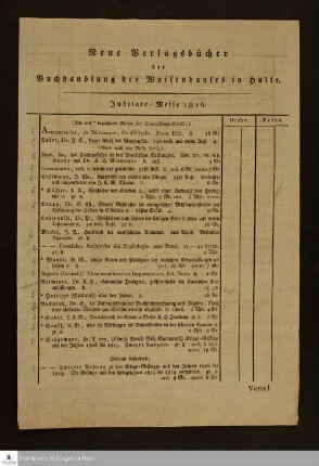 Neue Verlagsbücher der Buchhandlung des Waisenhauses in Halle : Jubilate-Messe 1816