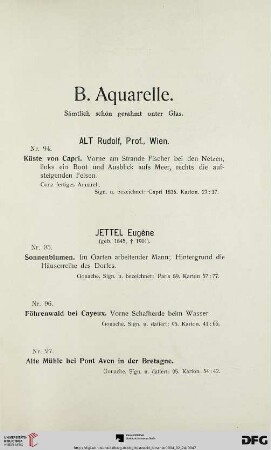 B. Aquarelle. Sämtlich schön gerahmt unter Glas (Nr. 94-102)