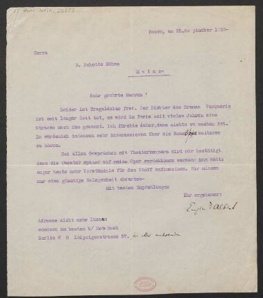 Brief an B. Schott's Söhne : 28.09.1922