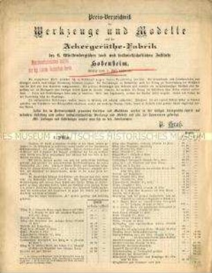 Preis-Verzeichnis der Werkzeuge und Modelle