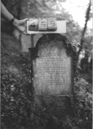 Grabstein 459 (Index: 99800207) Material: Sandstein Zustand: stark verwittert, unten angeschlagen und abblätternd Maße HxBxT: 83x41x14 cm Beschreibung: Stele, eingezogener Rundbogenabschluß mit Verdachung, Schriftfeld eingetieft, Sockel Besonderheit: Kindergrab: Grabstein 459