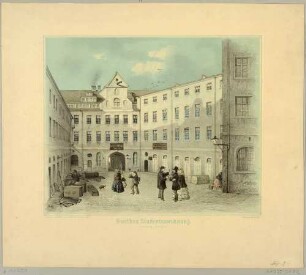 Die Studentenwohnung von Johann Wolfgang von Goethe am Gasthaus Feuerkugel zwischen Neumarkt und Universitätsstraße (früher Alter Markt) in Leipzig