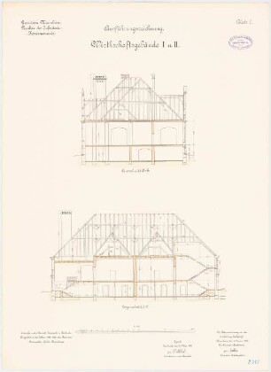 Garnison des Infanterie-Kasernements, Mannheim Wirtschaftsgebäude I und II: Längsschnitt, Querschnitt 1:100