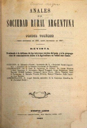 Anales de la Sociedad Rural Argentina : revista pastoril y agrícola, 1. 1866/67