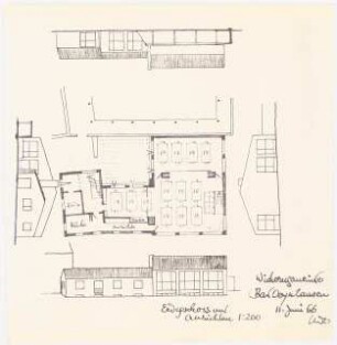 Heilig-Geist-Kirche, Bad Oeynhausen Gemeindehaus: Erdgeschoss und Ansichten 1:200 (Lichtpause von Inv.Nr. 37973)