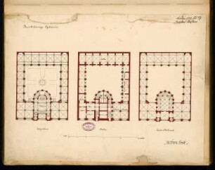 Ausstellungsgebäude Monatskonkurrenz Februar 1879: Grundriss Keller, Erdgeschoss, Obergeschoss; Maßstabsleiste
