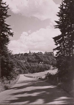 Wolkenstein, Stadt und Schloss von Nordwesten, Straße F 101 mit Begrenzungssteinen