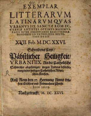 Exemplar litterarum latinarum ... ad catholicos Helvetios