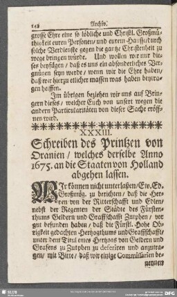 XXXIII. Schreiben des Printzen von Oranien, welches derselbe Anno 1675. an die Staaten von Holland abgehen lassen