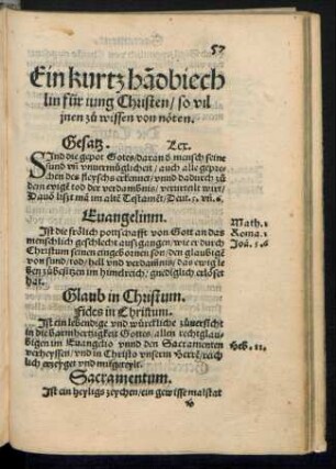 Ein kurtz handbiechlin für iung Christen/ so vil inen zu wissen von nöten.