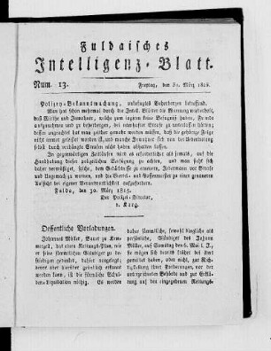 Num. 13, Ausgabe vom 31. März 1815 [S. 124/125 fehlt.]