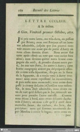 Lettre CCCLXIII. A la même. A Gien, Vendredi premier Octobre, 1677