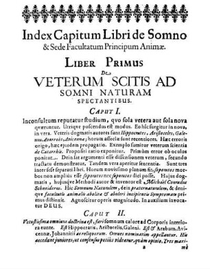 Index Capitum Libri de Somno & Sede Facultatum Principum Animæ.