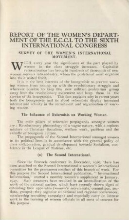 Report Of The Women's Department Of The E.C.C.I. To The Sixth International Congress