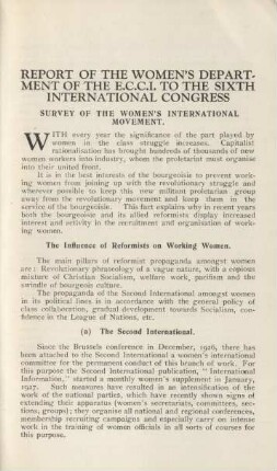 Report Of The Women's Department Of The E.C.C.I. To The Sixth International Congress