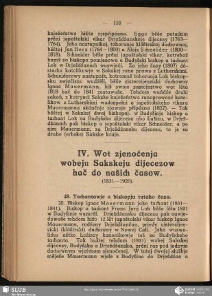 IV. Wot zjenoćenja wobeju Sakskeju dijecezow hač do našich časow : (1831-1920)