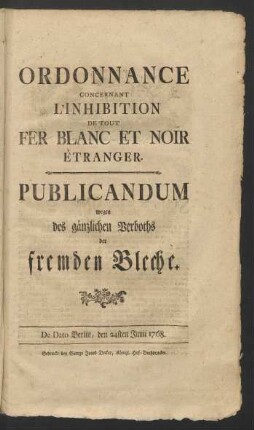 Ordonnance Concernant L'Inhibition De Tout Fer Blanc Et Noir Étranger