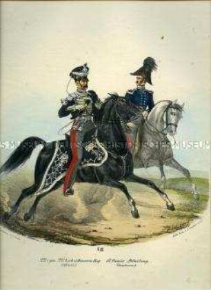 Uniformdarstellung, Offizier des 2. (Leib-) Husaren-Regiments und Hauptmann der 5. Pionier-Abteilung zu Pferd, Preußen 1830. Aus: Elzholz u.a.: Das Preussische Heer. Tafel 48.