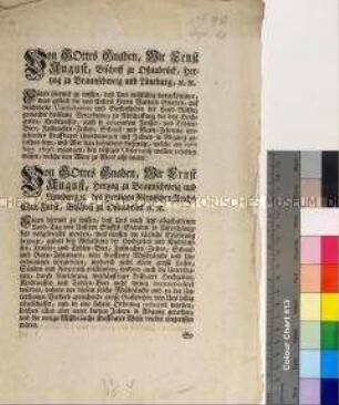 Erneuerte Verordnung von Ernst August II. Kurfürst von Hannover und Erzbischof von Osnabrück betreffend die Abschaffung von Gastereien bei Hochzeiten, Kindstaufen, Begräbnissen und anderen Festen