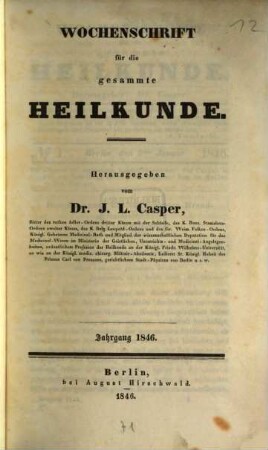 Wochenschrift für die gesammte Heilkunde. 1846