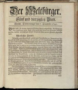 Fünf und vierzigstes Blatt. Berlin, Donnerstags den 7. December 1741.