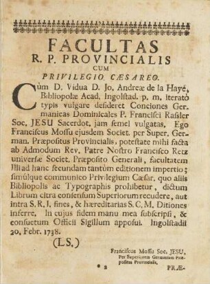Facultas R. P. Provincialis Cum Privilegio Caesareo.
