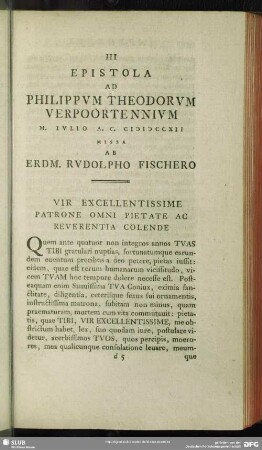 III. Epistola Ad Philippum Theodorum Verpoortennium M. Iulio A. C. MDCCXII