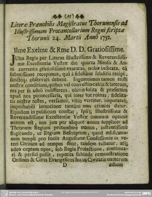 Literae Praenobilis Magistratus Thorunensis ad Illustrissimum Procancellarium Regni scriptae Thorunii 24. Martii Anno 1752