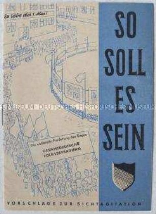 Illustrierte Broschüre mit Anleitung der Nationalen Front zur Sichtagitation für bevorstehende politische Ereignisse, darunter zum 1. Mai und zum Tag der Befreiung von Faschismus