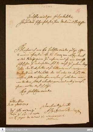 Brief von Friedrich Heinrich v. Seckendorff an August Hermann Francke.