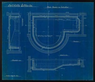 Bad Gottleuba, Heilstätte Gottleuba, Zentralbad, heute Kurmittelhaus. Badebasin, Grundriss und Schnitte, Schilling & Graebner, Dresden, 1909. Blaupause, Papier. 60 x 69 cm. Maßstab 1 : 50. Bez.: "Heilstätte Gottleuba. Bade-Bassin im Centralbad. Dresden. September 1909."