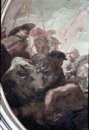 Mittelbild: Alexander opfert in Gegenwart des Hohepriesters Jaddus im Tempel zu Jerusalem