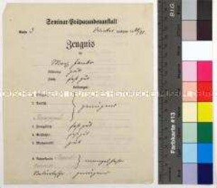 Zeugnis der Seminar-Präbandenanstalt für den Postschaffnersohn Max Jando für das Winterhalbjahr 1920/1921