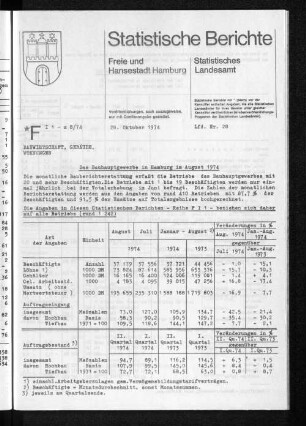 Das Bauhauptgewerbe in Hamburg im August 1974 : Lfd. Nr. 28