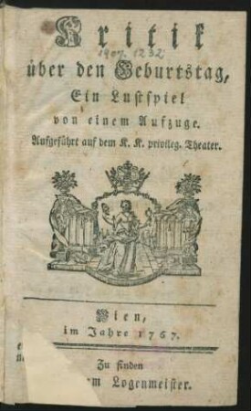 Kritik über den Geburtstag : Ein Lustspiel von einem Aufzuge ; Aufgeführt auf dem K. K. privileg. Theater