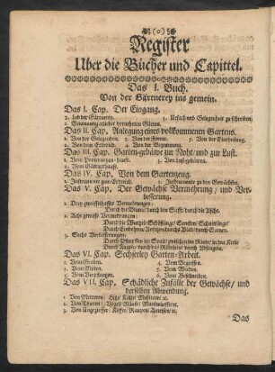 Register Uber die Bücher und Capittel.