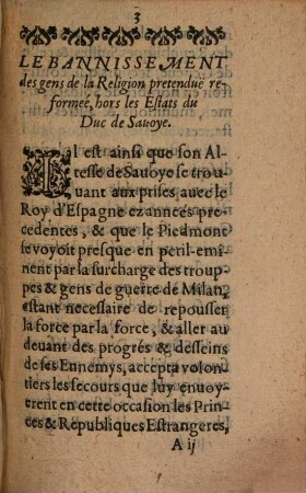 Le Bannissement Des Gens De La Religion pretendue Reformée, hors les Estats du Duc de Sauoye