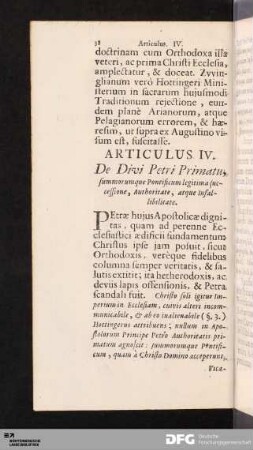 Articulus IV. De Divi Petri Primatu, summorumque Pontificum legitima successione, Authoritate, atque infallibilitate.