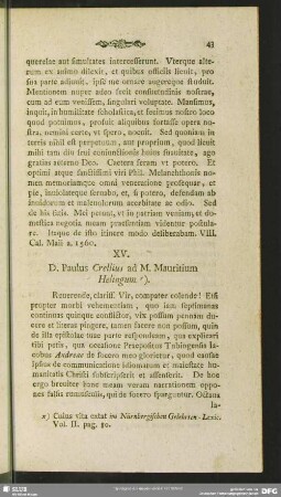 XV. D. Paulus Crellius ad M. Mauritium Helingum