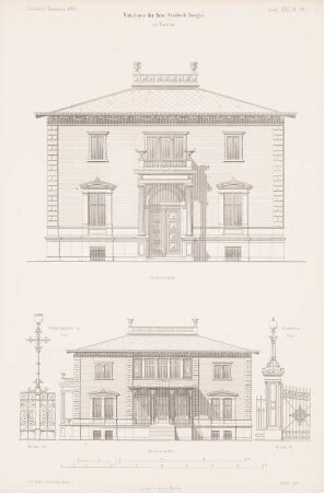 Wohnhaus der Frau Stadtrat Seeger, Berlin: Vorderansicht, Seitenansicht (aus: Atlas zur Zeitschrift für Bauwesen, hrsg. v. G. Erbkam, Jg. 21, 1871)