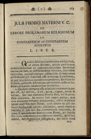 Julii Firmici Materni V. C. De Errore Profanarum Religionum Ad Constantinum Et Constantem Augustos Liber.