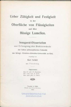 Ueber Zähigkeit und Festigkeit in der Oberfläche von Flüssigkeiten und über flüssige Lamellen