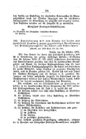 Vereinbarung mit dem Senate der freien und Hansestadt Hamburg wegen gegenseitiger Anerkennung der Prüfungszeugnisse für Lehrer und Lehrerinnen : [IV. Seminare, Bildung der Lehrer und deren persönliche Verhältnisse]