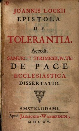 Epistola de tolerantie : Acc. Sam. Arimesii de pace ecclesiastica dissertatio