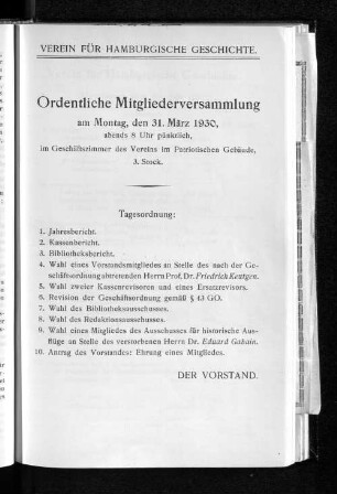 Ordentliche Mitgliederversammlung am Montag, den 31. März 1930