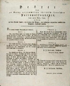 Unabhängigkeitserklärung des Gebiets zwischen Landau und Bingen, Aberkennung der Macht der Fürsten, Verhängung der Todesstrafe für Feinde der Republik - Dekret