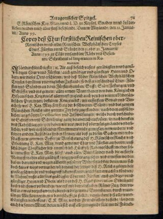 Copey deß Churfürstlichen Reinischen ober Reinischen unnd nider Reinischen Westphälischen Creyses ...
