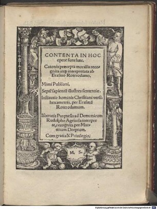 Contenta in hoc opere sunt haec. Catonis Praecepta moralia