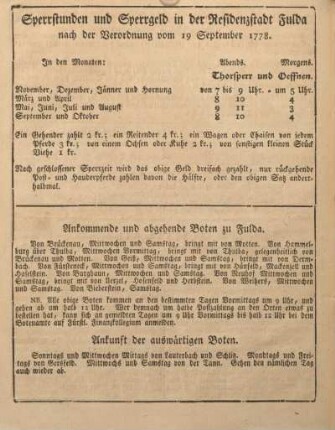 Sperrstunden und Sperrgeld in der Residenzstadt Fulda nach der Verordnung vom 19 September 1778.